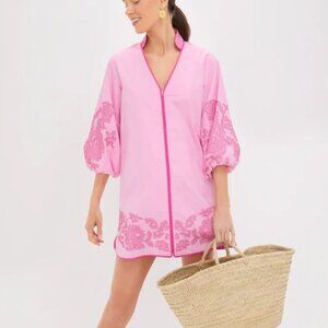 TUCKERNUCK-Hyacinth House Pink Embroidery Mini Arem Caftan, Size Small
